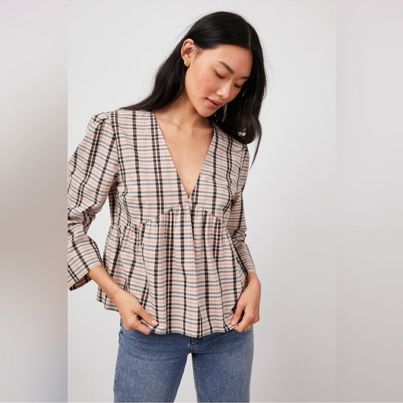 Rails Tops - Rails Noella Top in Stockholm Check Plaid Cropped V-Neck Blouse Size Medium